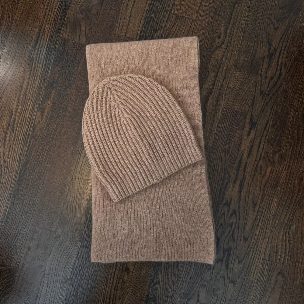 Club Monaco 100% Cashmere Camel Scarf and Beanie Set
